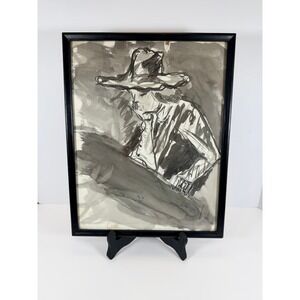 Vintage Framed Ink Wash Drawing "Mike W" 1964 Man in Hat Figure Art